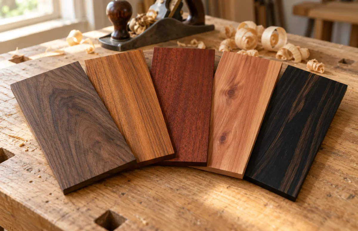 Cinque campioni di legno affiancati su un banco da falegname: noce, teak, mogano, cedro ed ebano, con una pialla e trucioli sullo sfondo