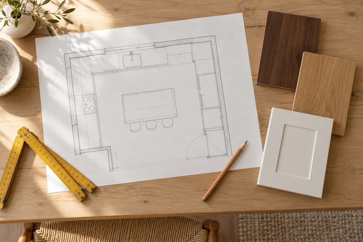 Pianta di una cucina con isola disegnata a matita su un tavolo di legno, con metro pieghevole, matita, due campioni di legno e un'anta laccata bianca